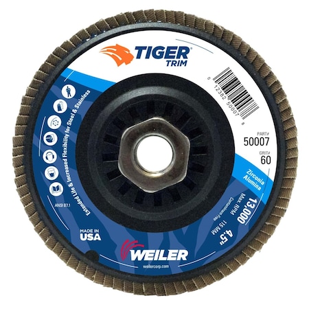 Weiler 4-1/2" Tiger Flap Disc, Conical (TY29), Backing, 60Z, 5/8"-11 UNC 50007
